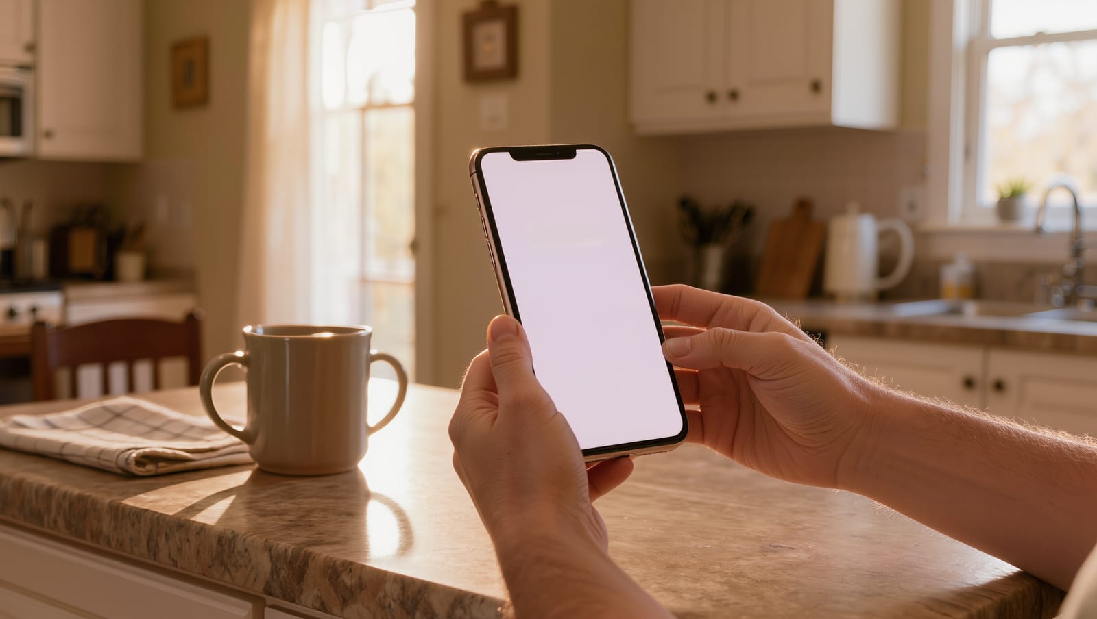 A homeowner holding a phone at a kitchen counter, the way most cleaning customers book today