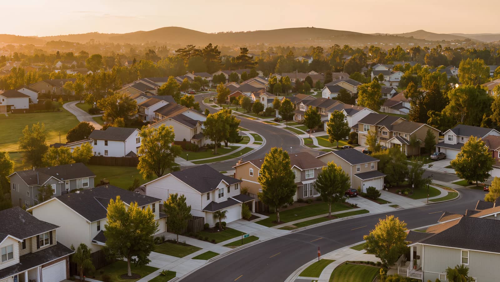 A residential neighbourhood at golden hour, the kind of service area a local cleaning business covers