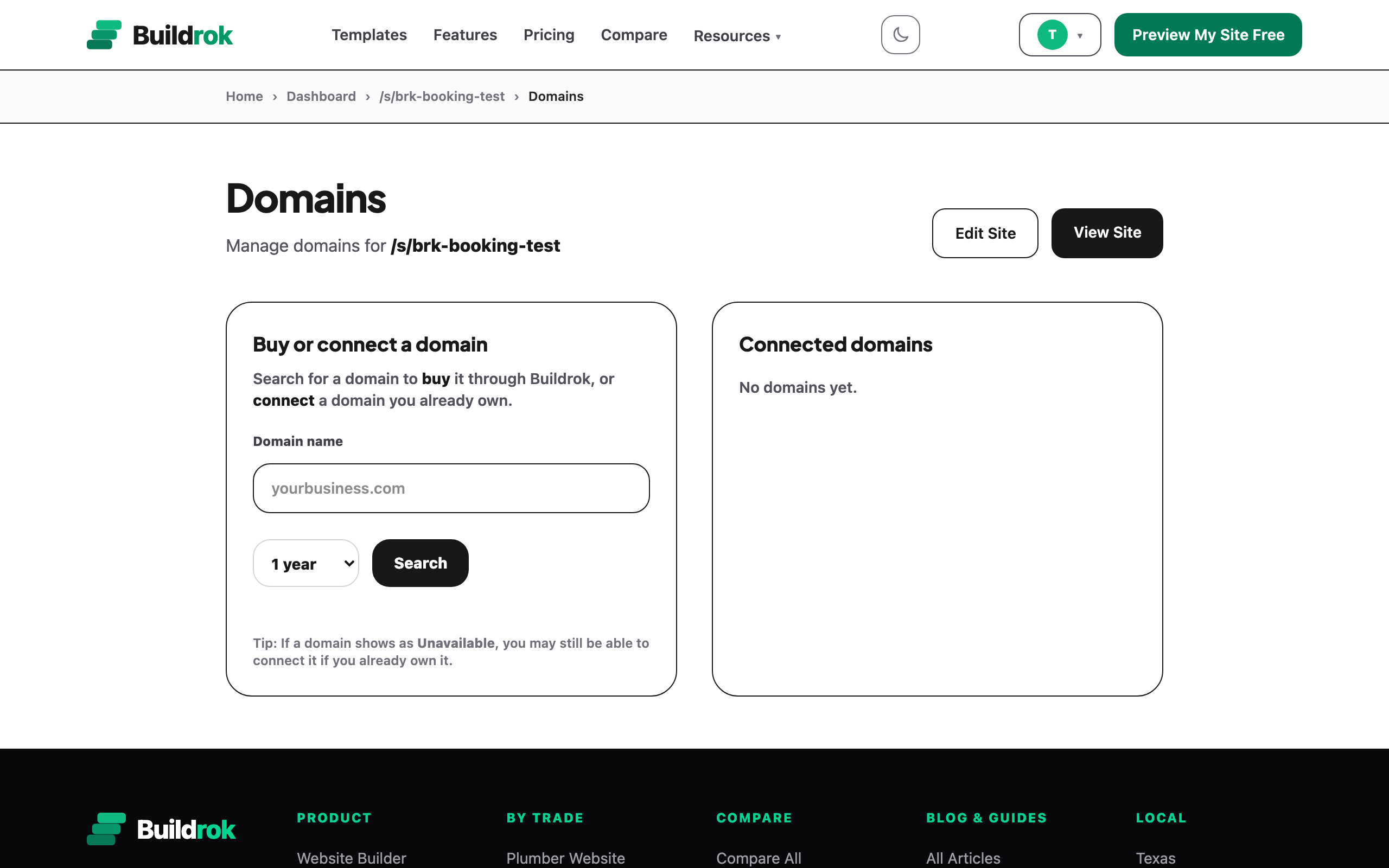 The Buildrok Domains page with the Buy Or Connect A Domain search box and the Connected Domains panel