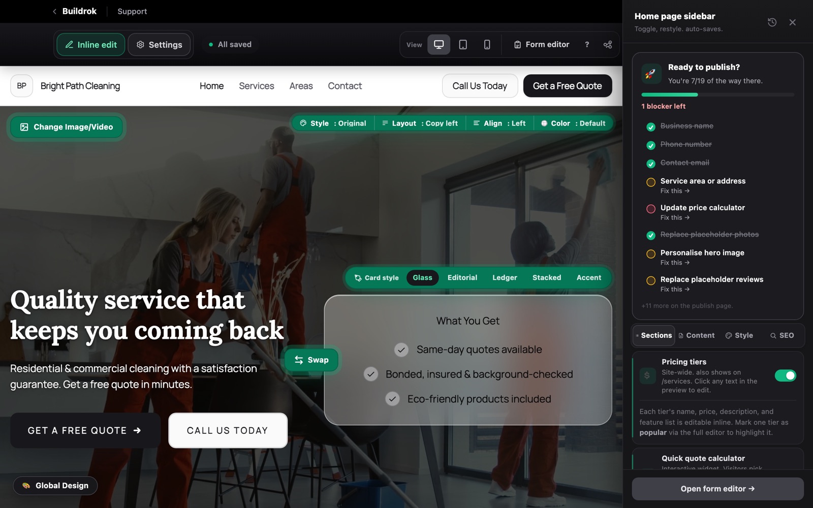 The Buildrok live editor with click-to-edit text on the page, section layout chips, and the sidebar control panel on the right