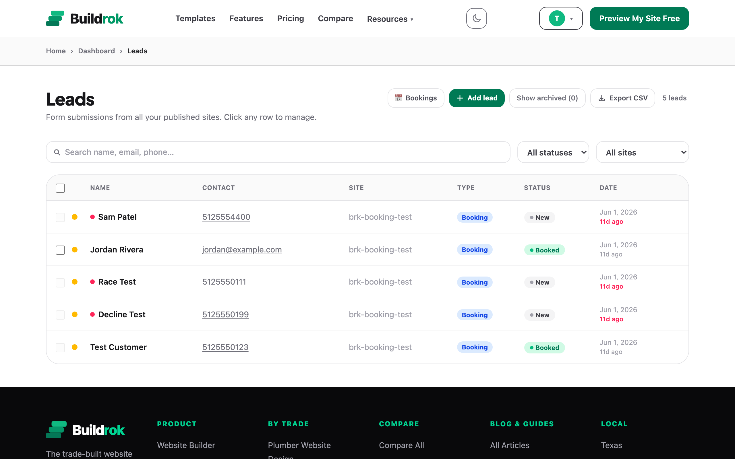 The Buildrok Leads inbox listing form submissions with contact details, site, type, status, and date columns