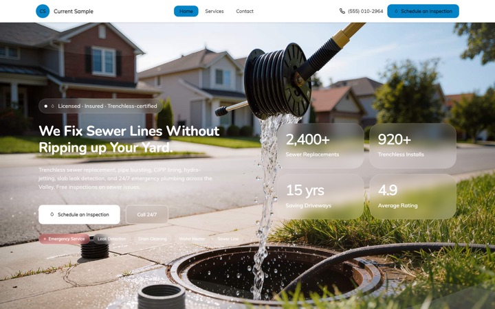 Current — a finished Plumber · Plumbing Services site built on this design