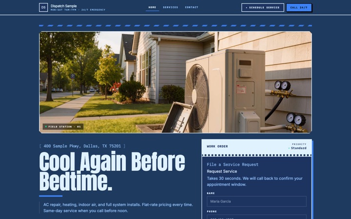 Dispatch — a finished HVAC · Emergency Services site built on this design