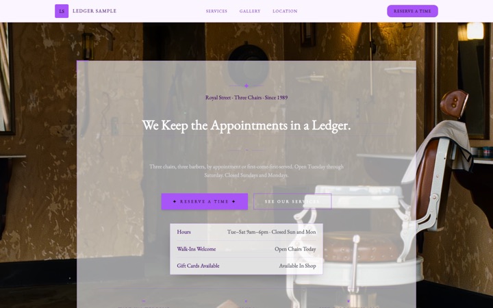 Ledger — a finished Barber Shop · Men's Grooming site built on this design