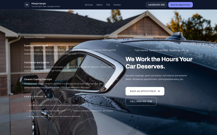 Midnight — a finished Mobile Detailing · Premium Services site built on this design