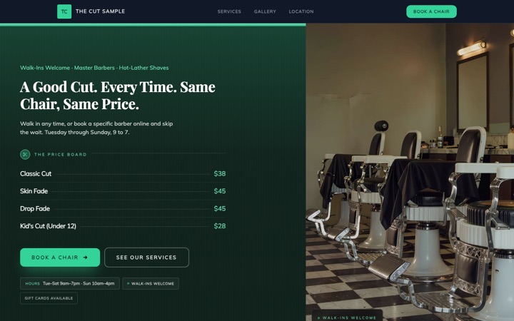 The Cut — a finished Barber Shop · Men's Grooming site built on this design