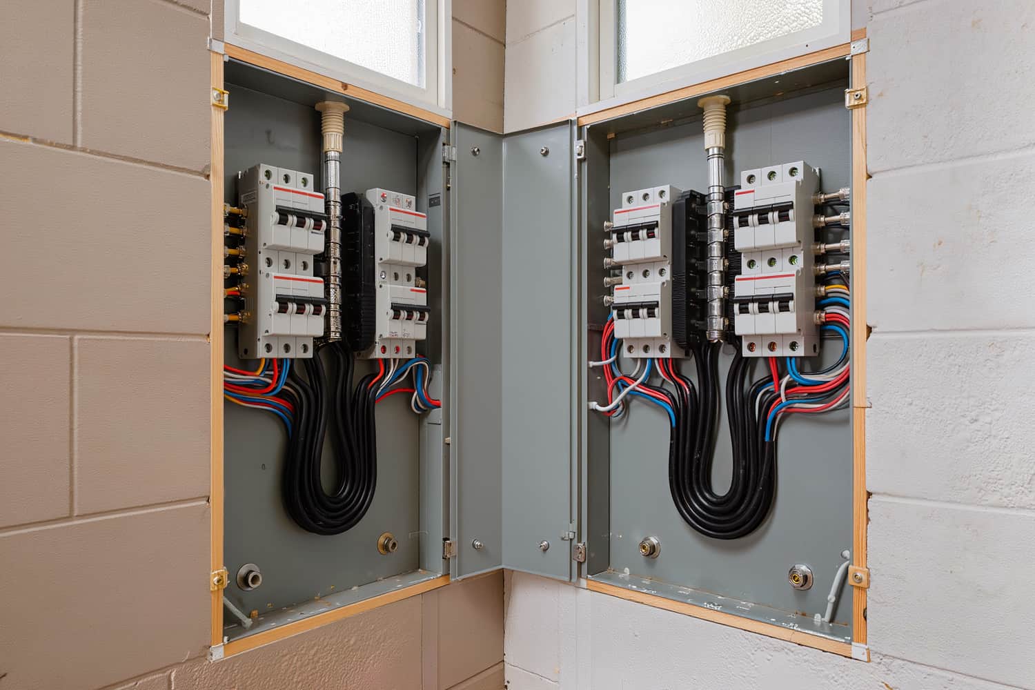 Basement subpanel with the cover off and branch conductors dressed in neat right-angle bends