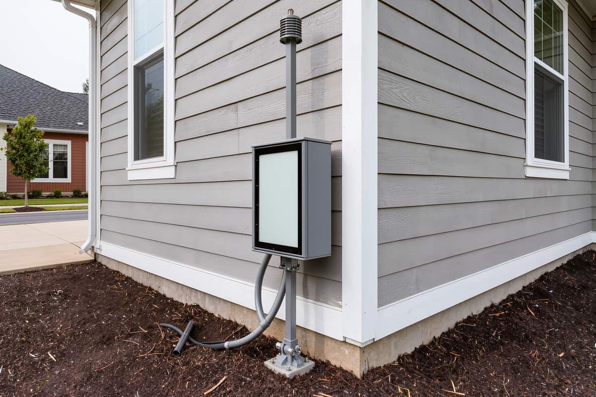New meter base and service mast mounted plumb on the lap siding of a house after an upgrade