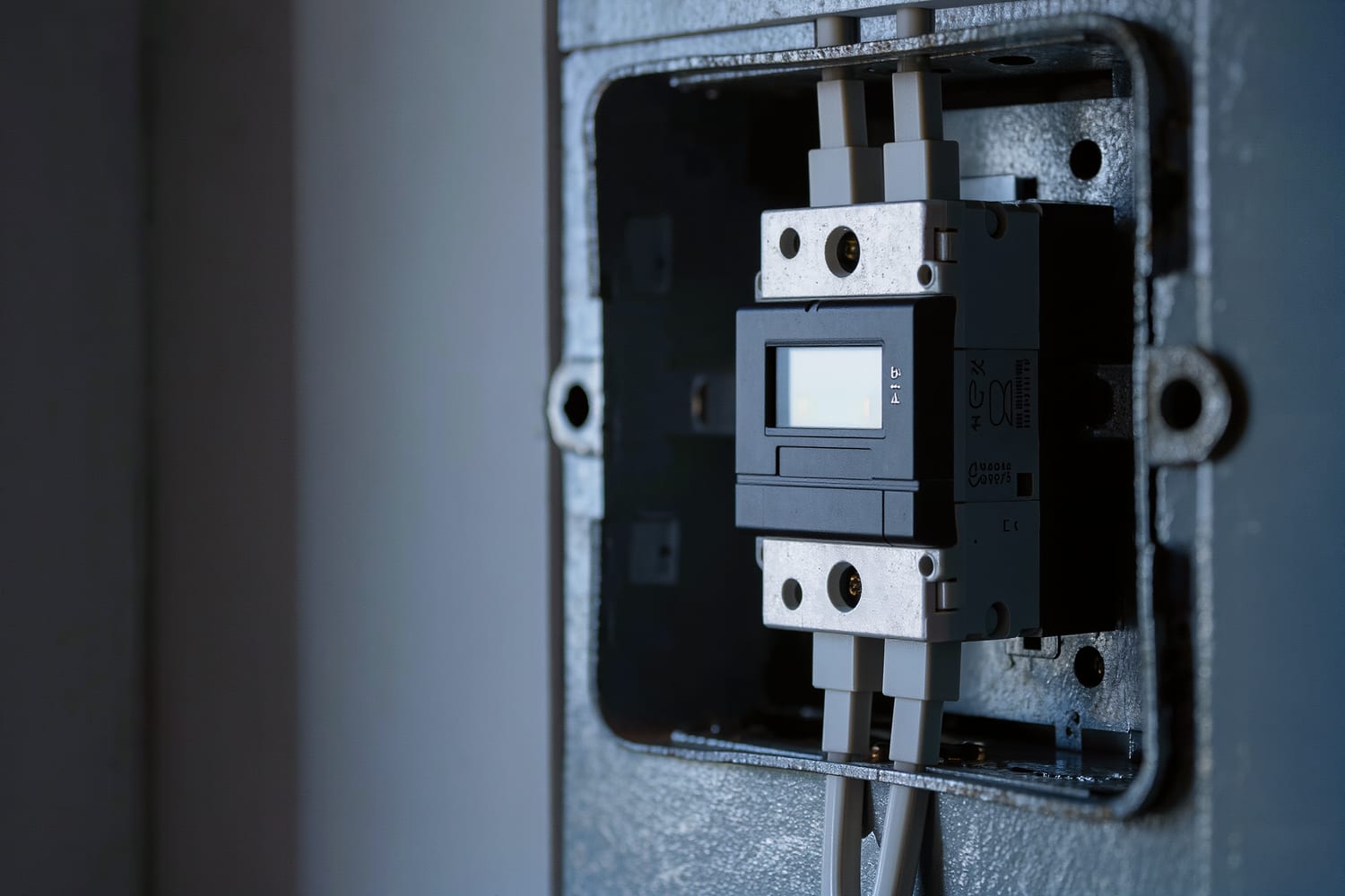 Close view of a whole-home surge protection device wired to a dedicated breaker in an open panel