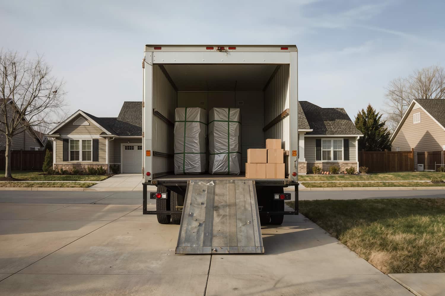 Unmarked moving truck backed to a driveway with its ramp down and the load stacked in even tiers