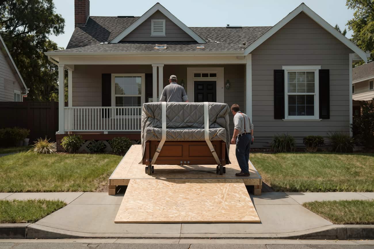 Blanket-wrapped upright piano on a four-wheel board being eased down a ramp from a front porch