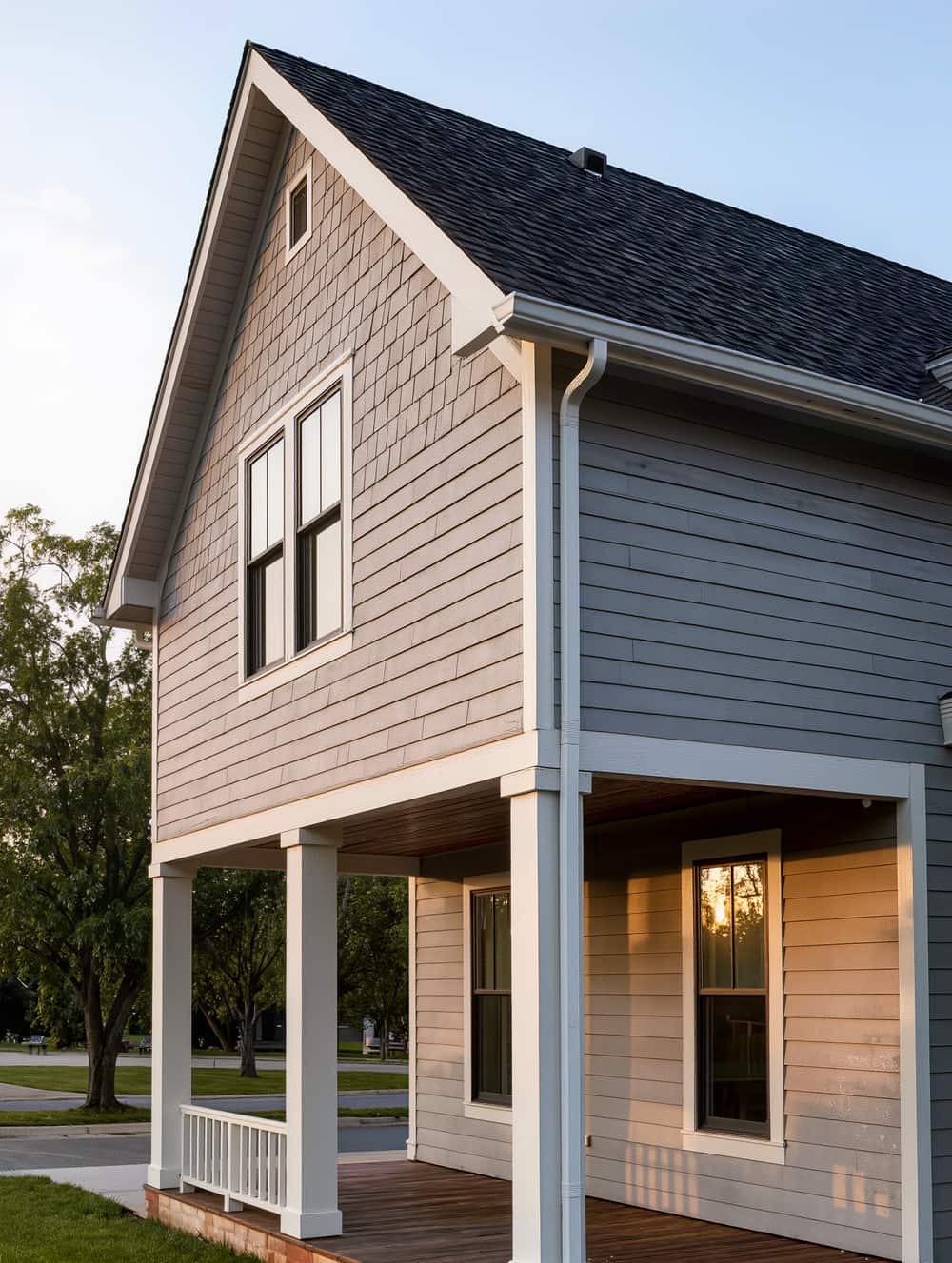 Two storey rear addition with new lap siding coursing aligned to the original and stacked windows