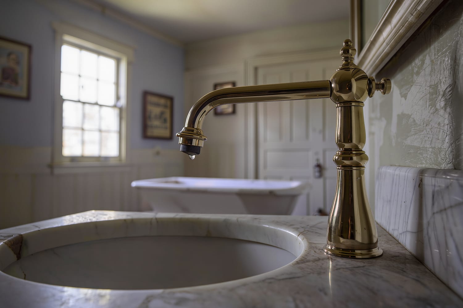 Macro of an unlacquered brass basin tap polished to a mirror finish