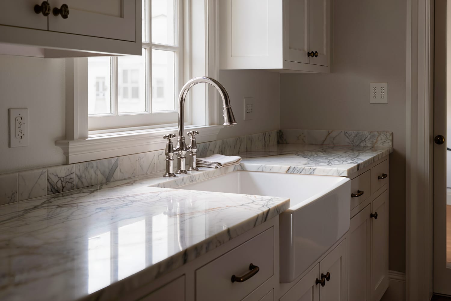 Close view of a bare honed marble counter run and a polished nickel bridge faucet in a cleaned kitchen