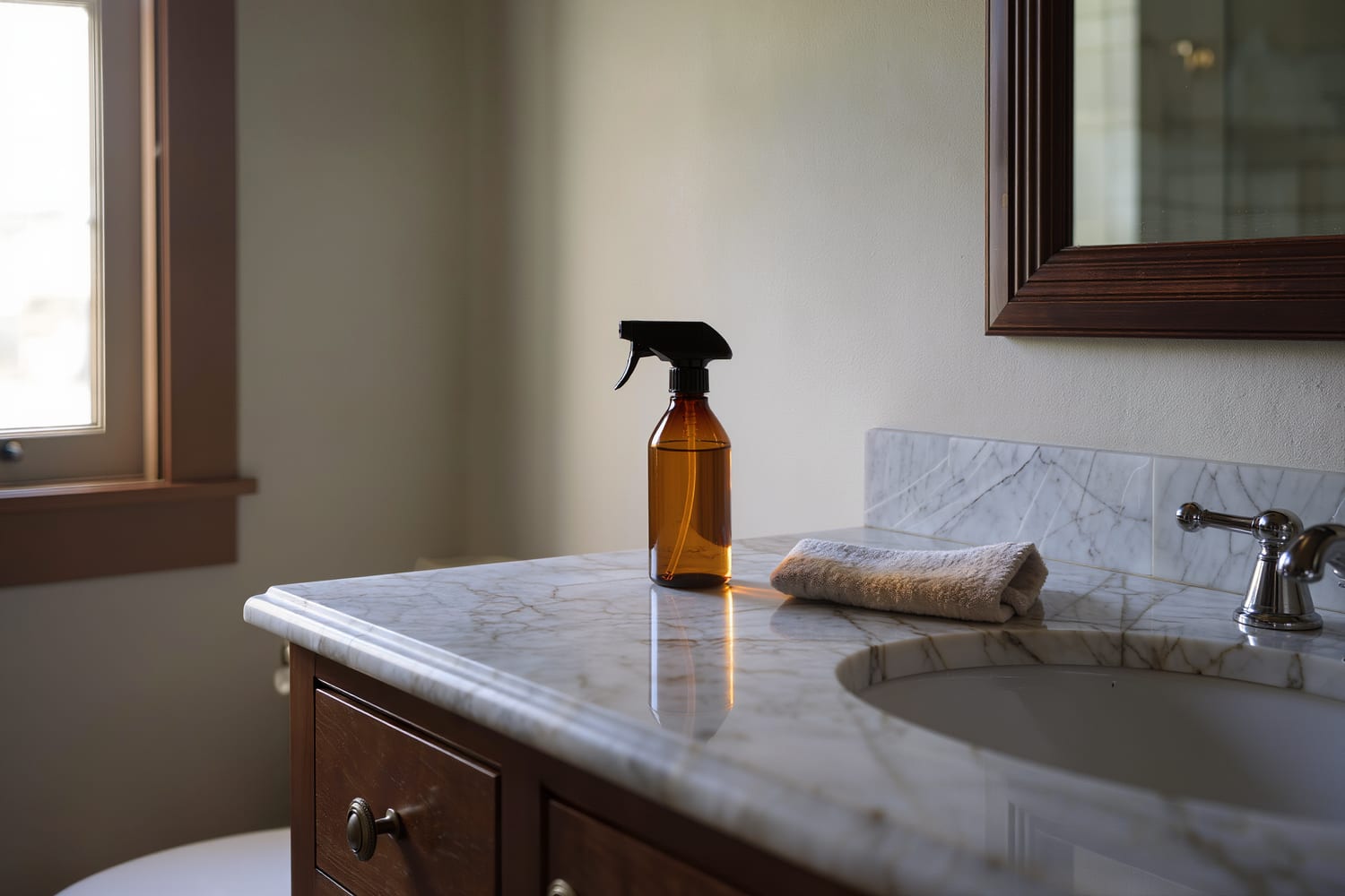 Cleaning specialist buffing a marble vanity top with a folded microfibre cloth