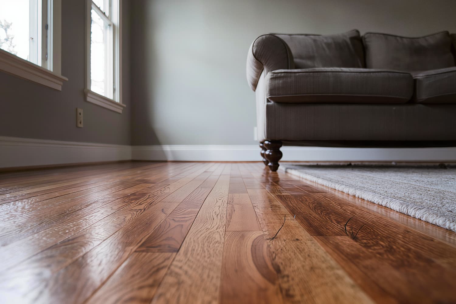 Low angle of restored oak floorboards with an even sheen in late afternoon sun