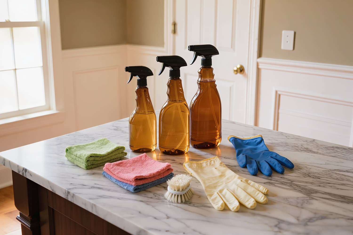 Unlabelled spray bottles and colour coded folded microfibre cloths arranged on a marble counter