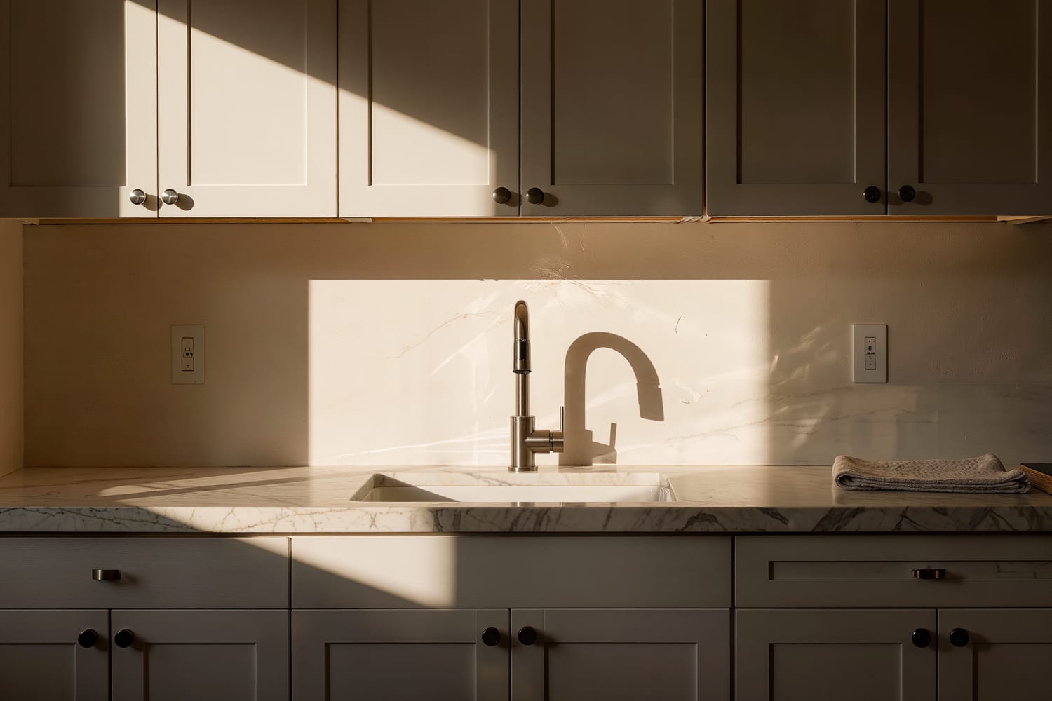 Cleared white quartz counters and a brushed steel faucet under a hard midday shadow band