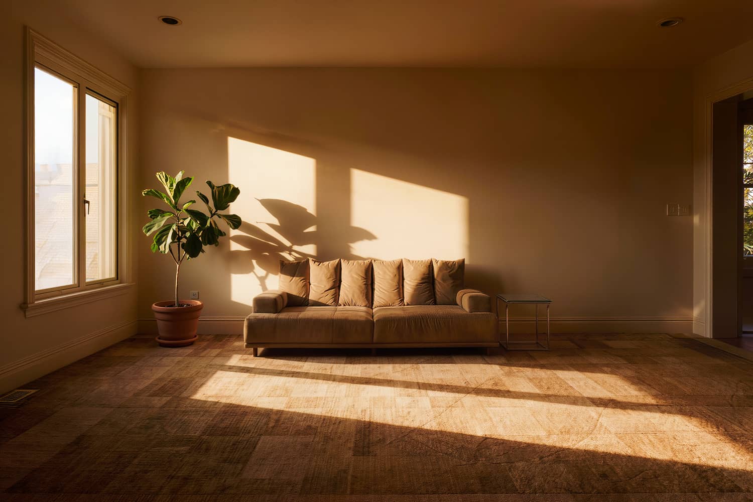 Tidy living room with squared cushions and a long afternoon shadow stretching across the rug