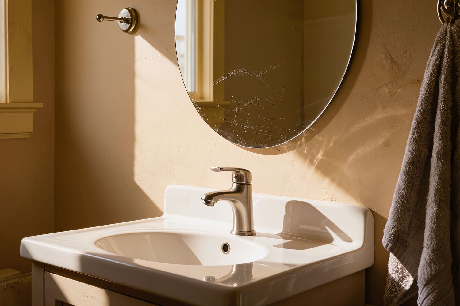 Close view of a spot free round mirror and undermount basin with a brushed tap