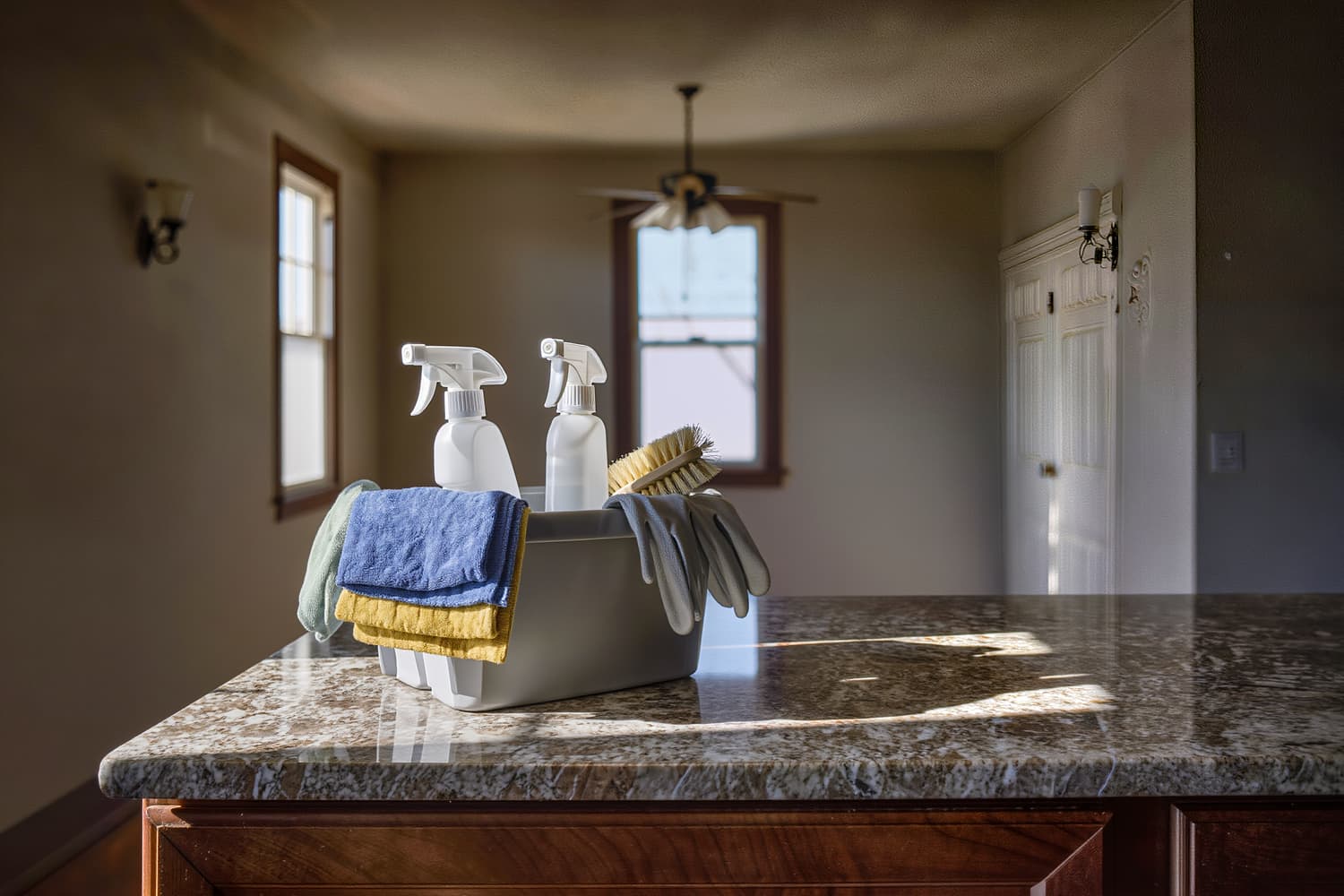 Unlabelled spray bottles and folded cloths arranged in a caddy on a sunlit counter