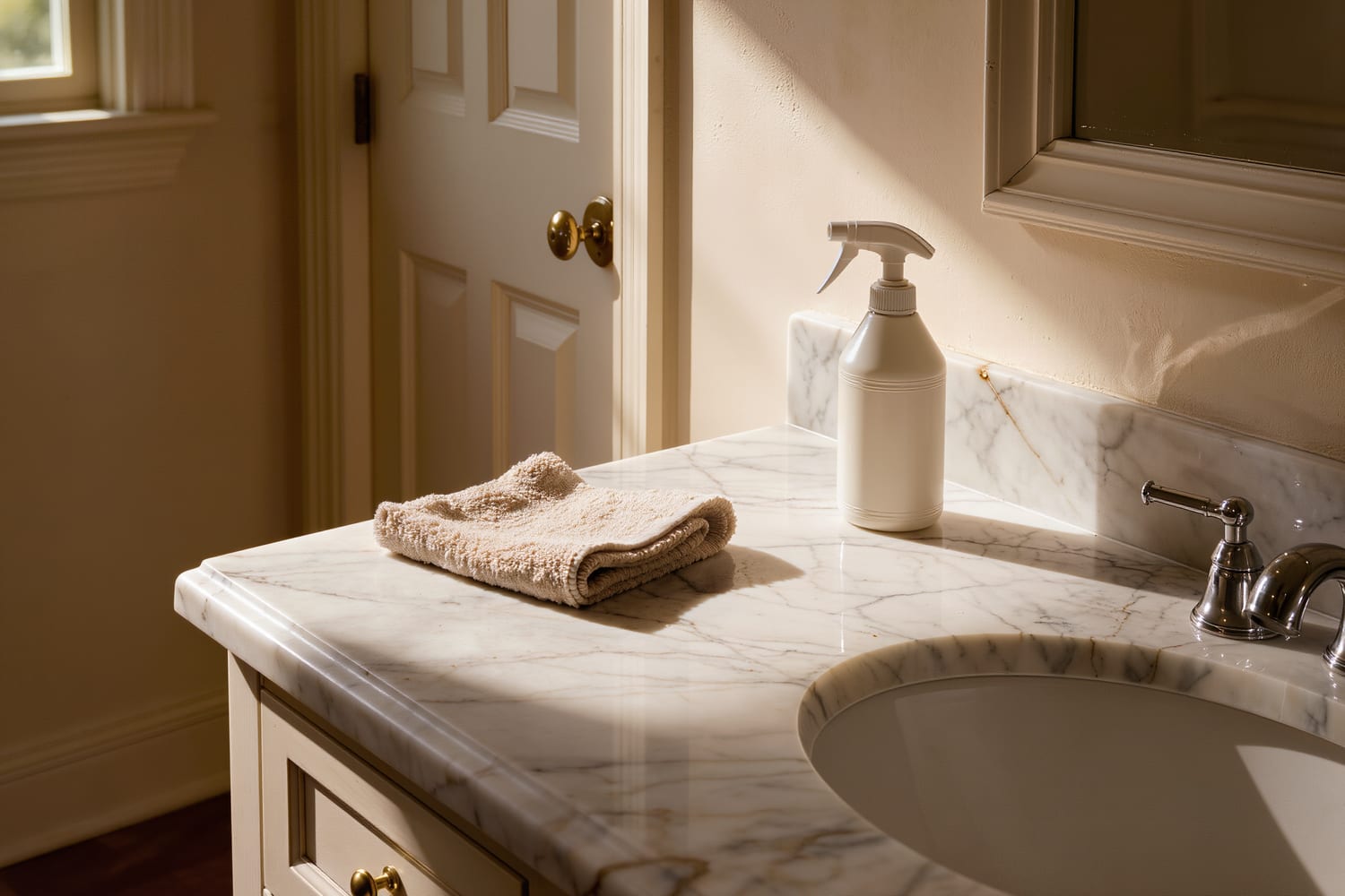 Gloved hands buffing a marble vanity top with a folded microfibre cloth