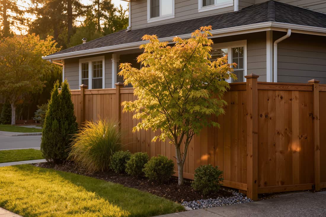 Maintained back garden with ornamental grasses and clipped evergreens beside a cedar fence