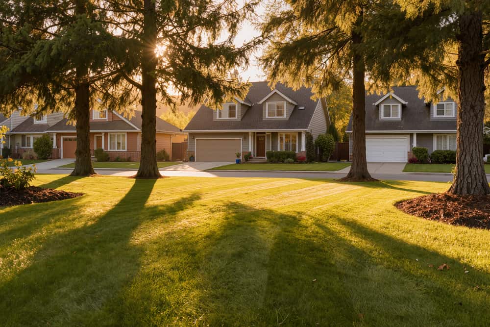 Freshly mown lawn in dappled conifer shade with a crisp cut edge along a mulched bed