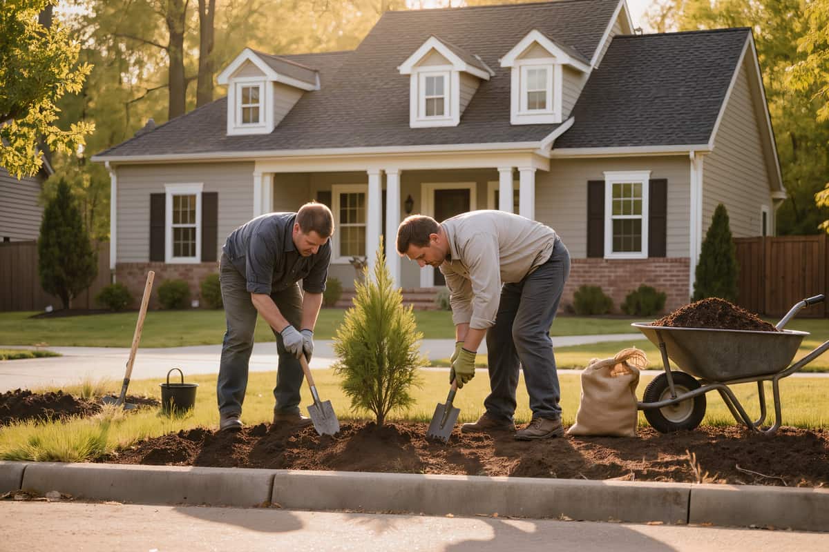 Two landscapers seen from behind setting nursery shrubs into a freshly prepared bed
