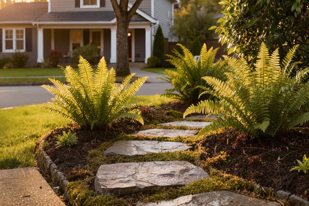 Flagstone stepping path winding between fern borders in backlit late light