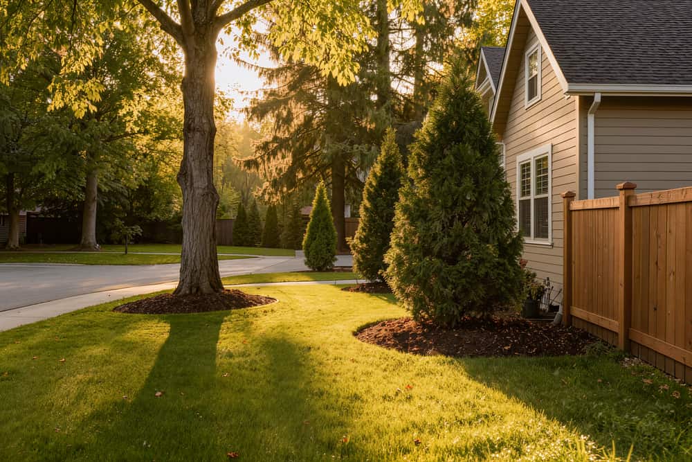 Wide view of a tidy wooded backyard with mown turf and mulch beds under mature firs