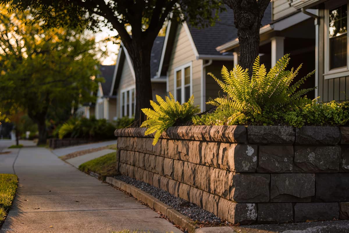 Dry stacked stone retaining wall with ferns and low native shrubs spilling over the top