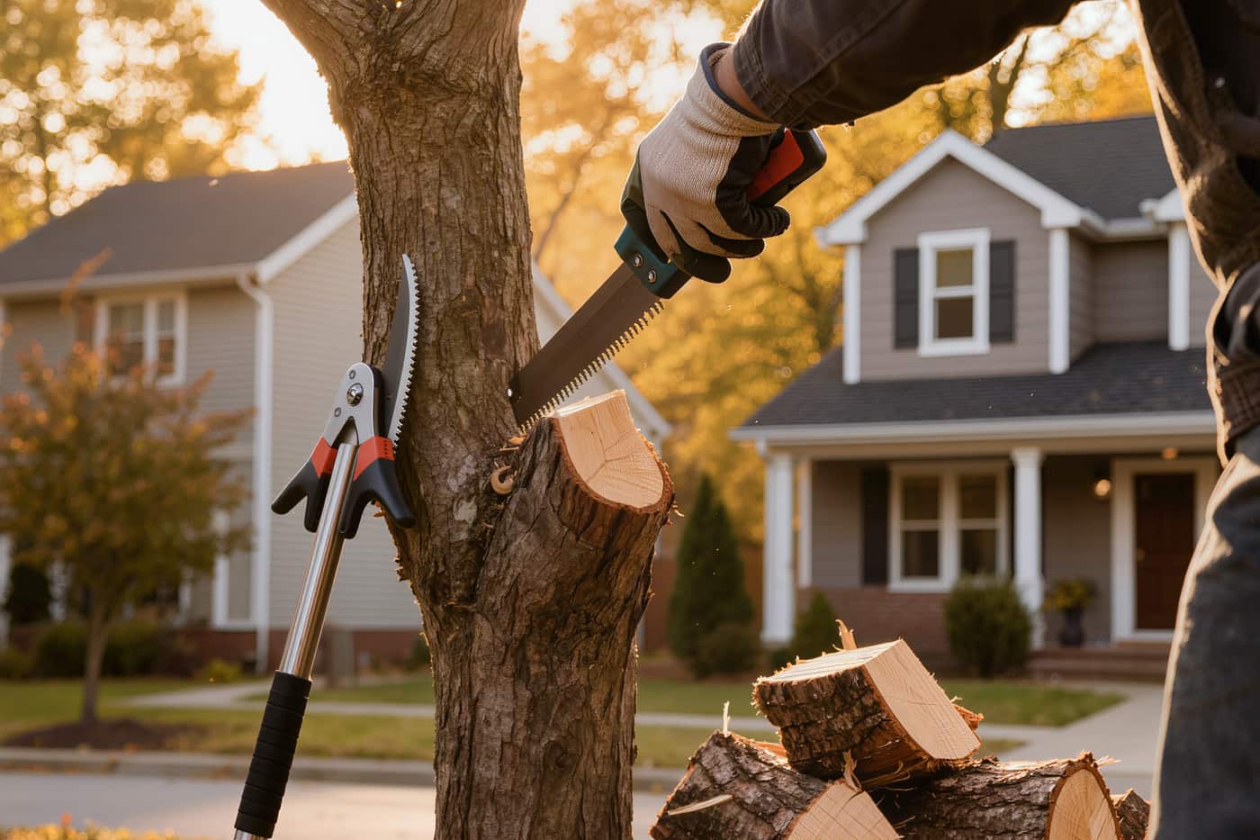Gloved hands making a clean collar pruning cut on a mature maple limb with a hand saw