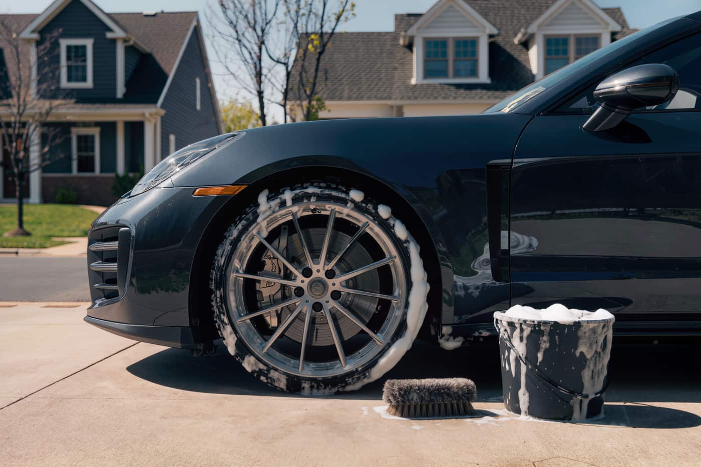 Close crop on a foamed alloy wheel and tire being deep cleaned on a driveway