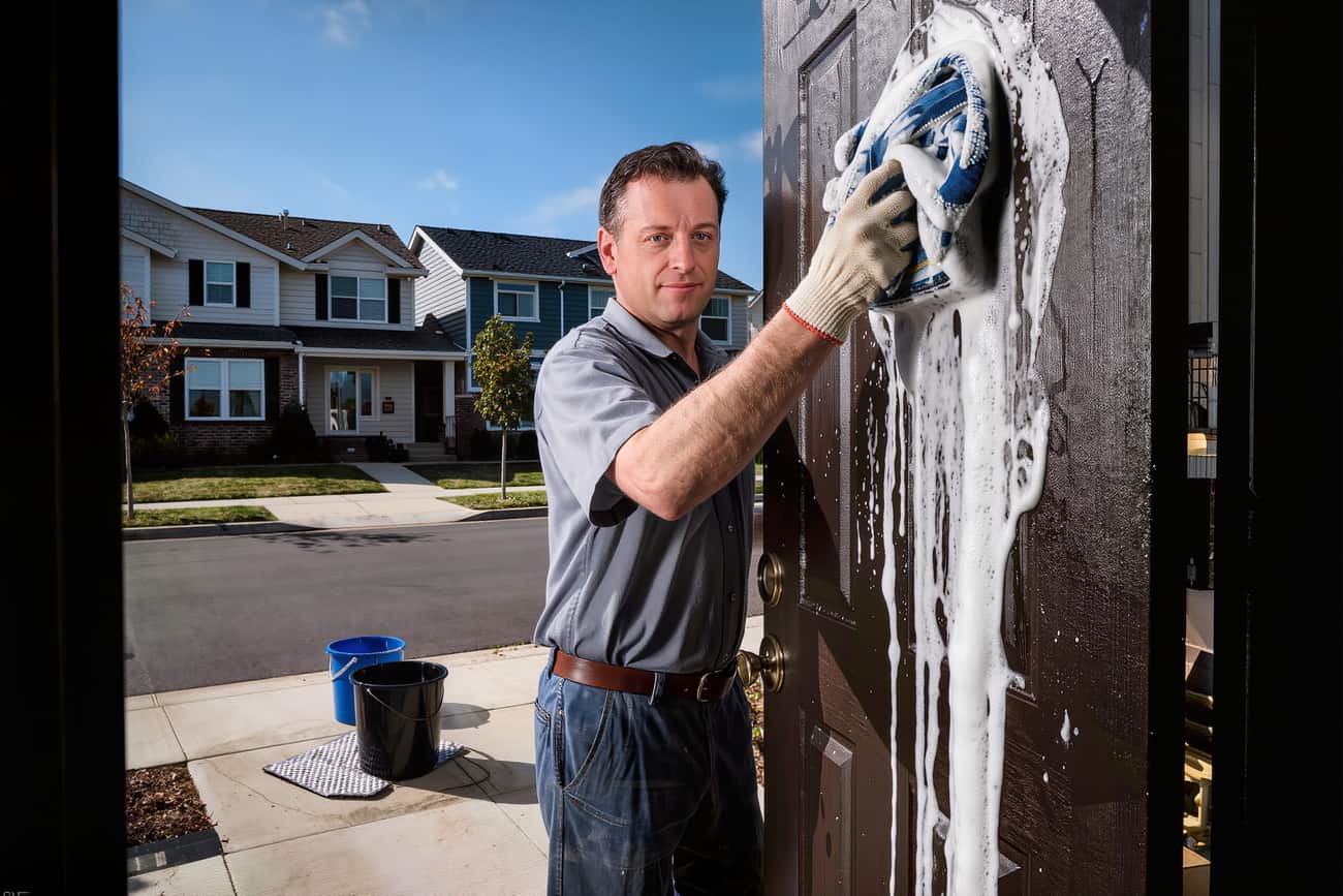 Gloved hands drawing a sudsy wash mitt down the wet door panel of a car