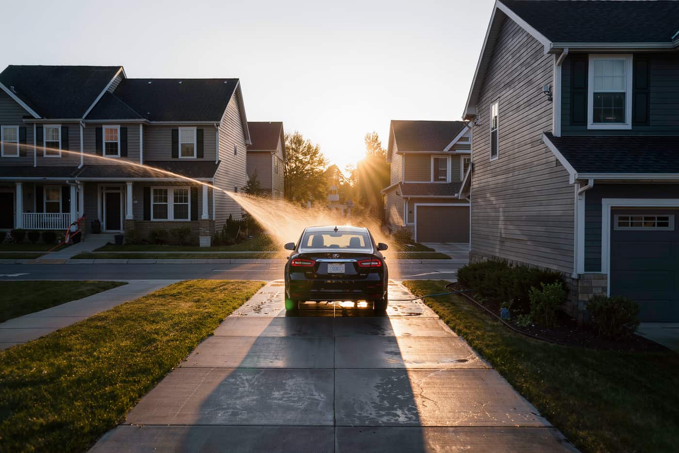 Backlit arc of rinse water off a dark car with the sun setting behind it