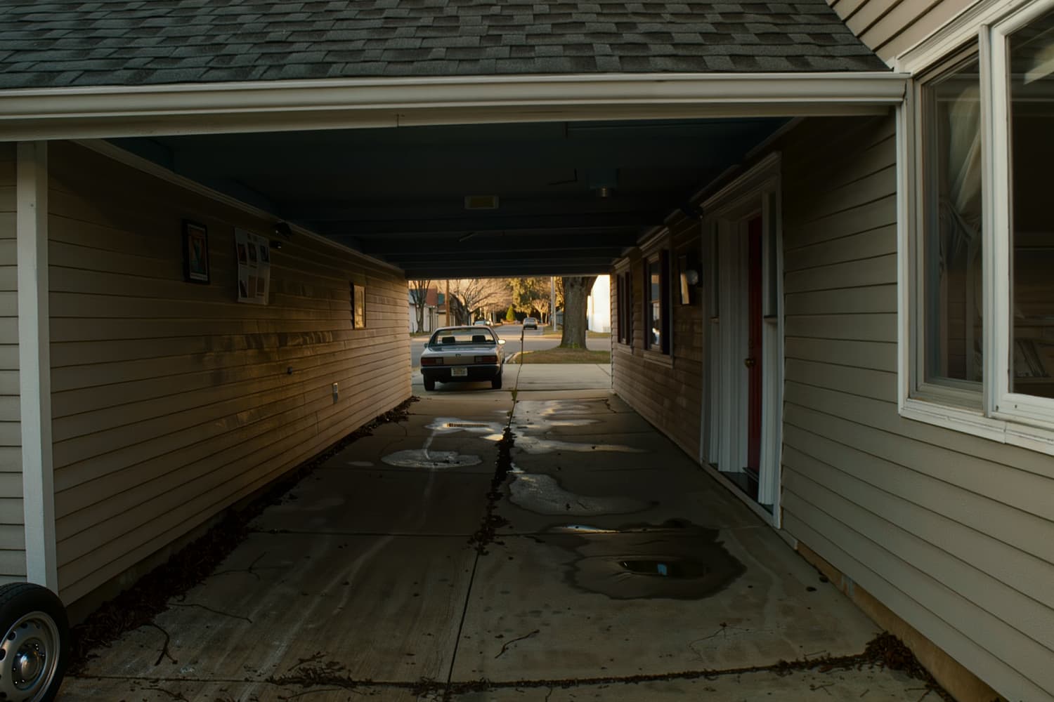 Ground level view along the flank of a finished car receding into shadow
