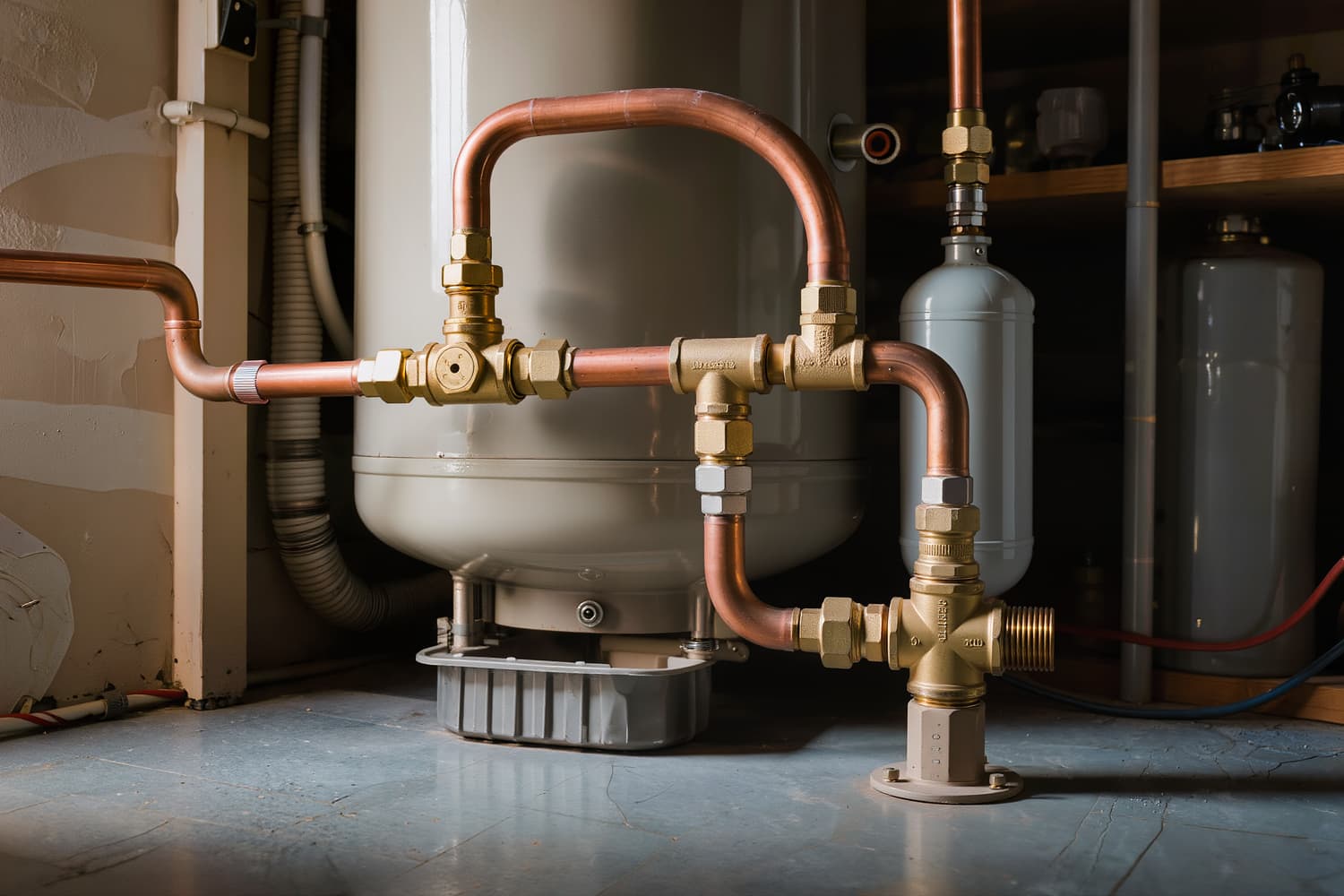 Newly installed basement water heater with copper connectors and a brass valve