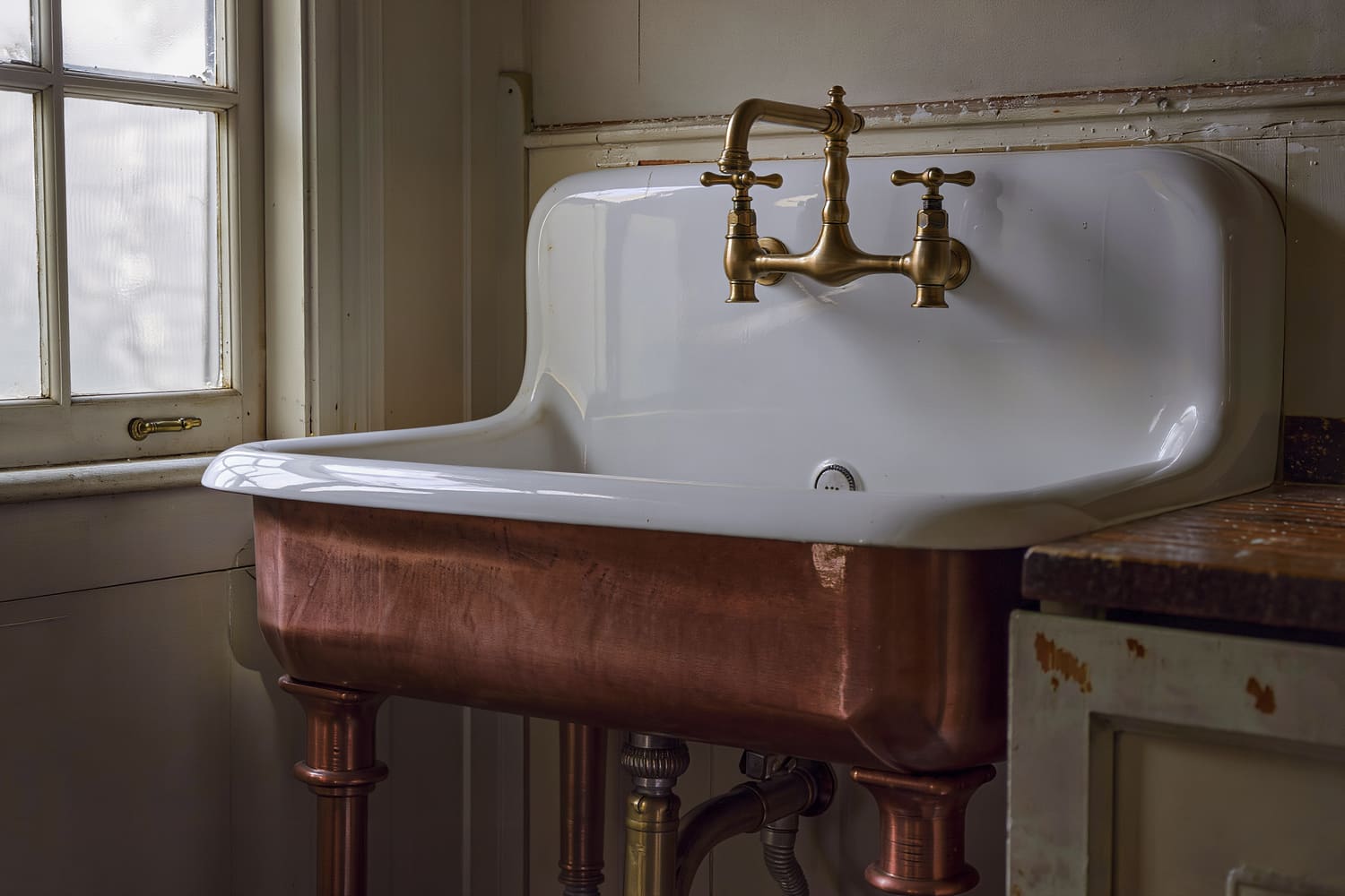 Refurbished cast iron drainboard sink with a brass bridge faucet in an older kitchen