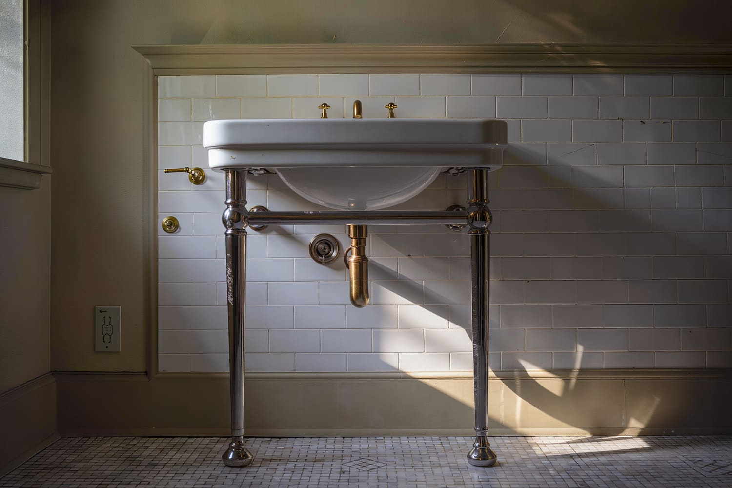 Console basin with exposed brass stops and subway wainscot in a period bathroom