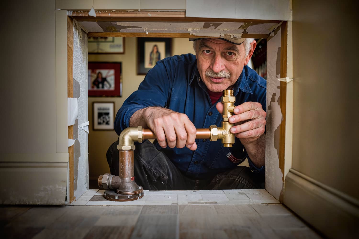 A plumber's hands on a pipe wrench at a brass adapter joining copper to a cast iron stack