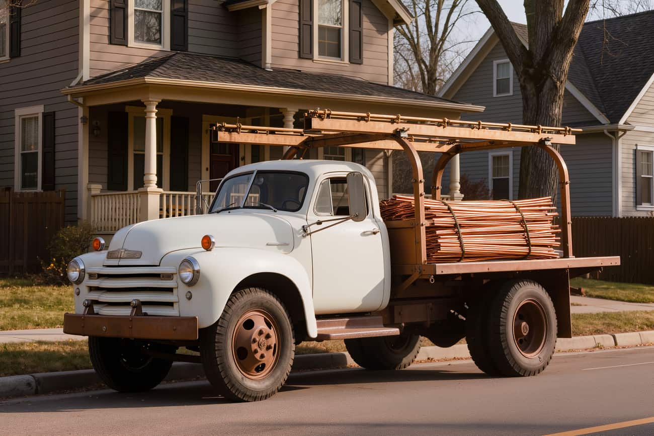 Plain white service truck at the kerb of an early twentieth century wood frame house