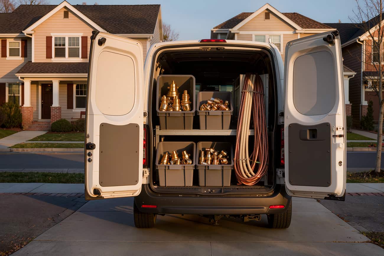Open rear doors of a plain work van showing bins of brass fittings and copper stock