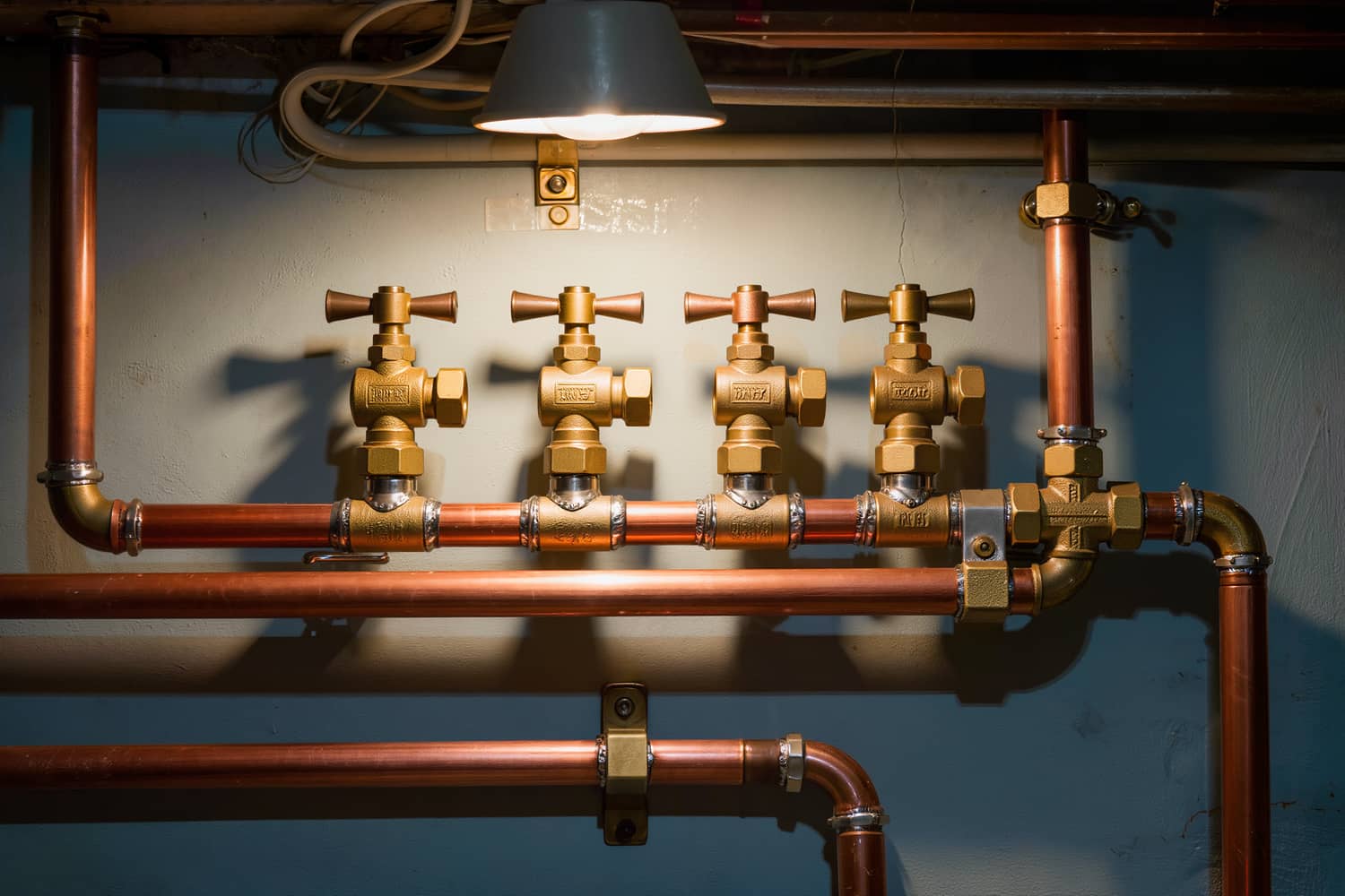 Tight crop on a soldered copper manifold with a row of brass ball valves