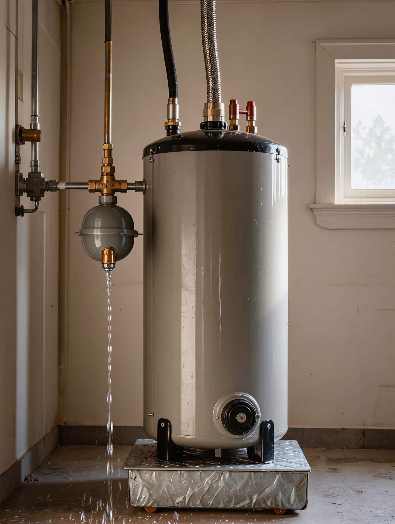 Newly set tank water heater in a garage utility closet with flex connectors and an expansion tank