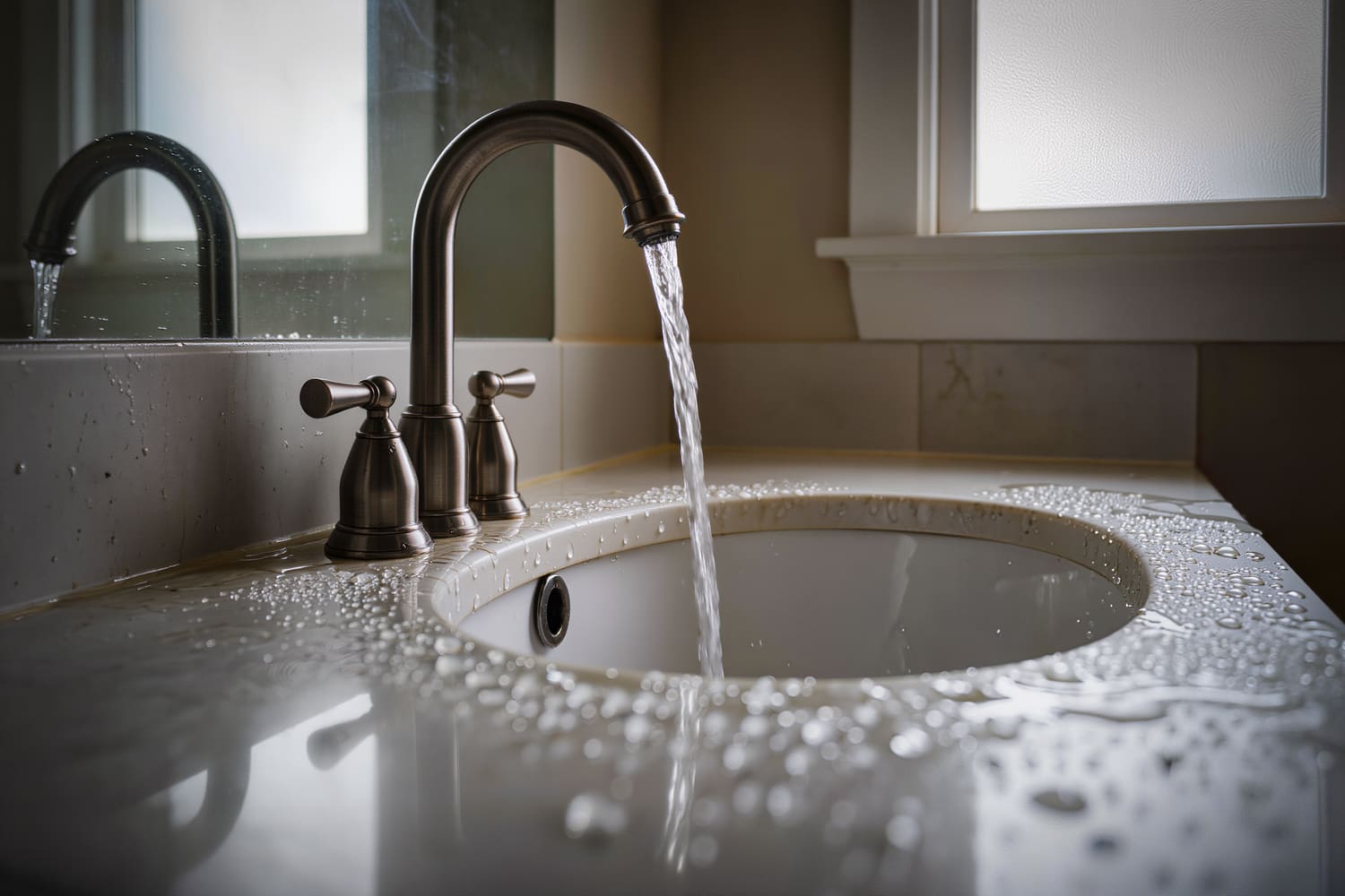Close view of a new bathroom faucet running a clear ribbon of water into a white undermount basin