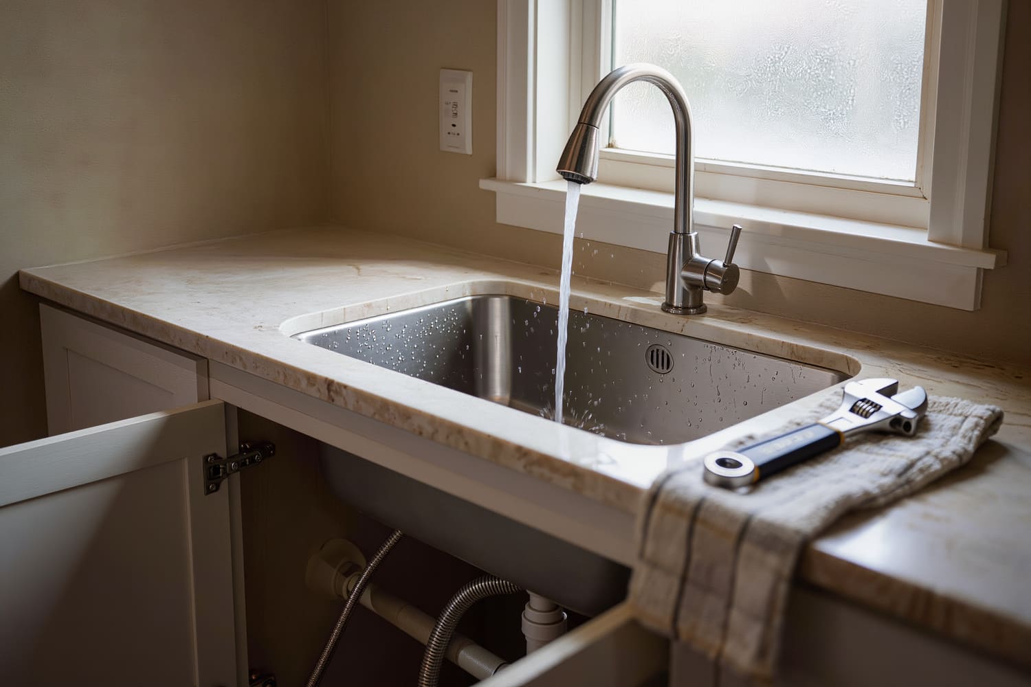 Kitchen sink and faucet replacement part-finished, cabinet open to new angle stops and a fresh trap