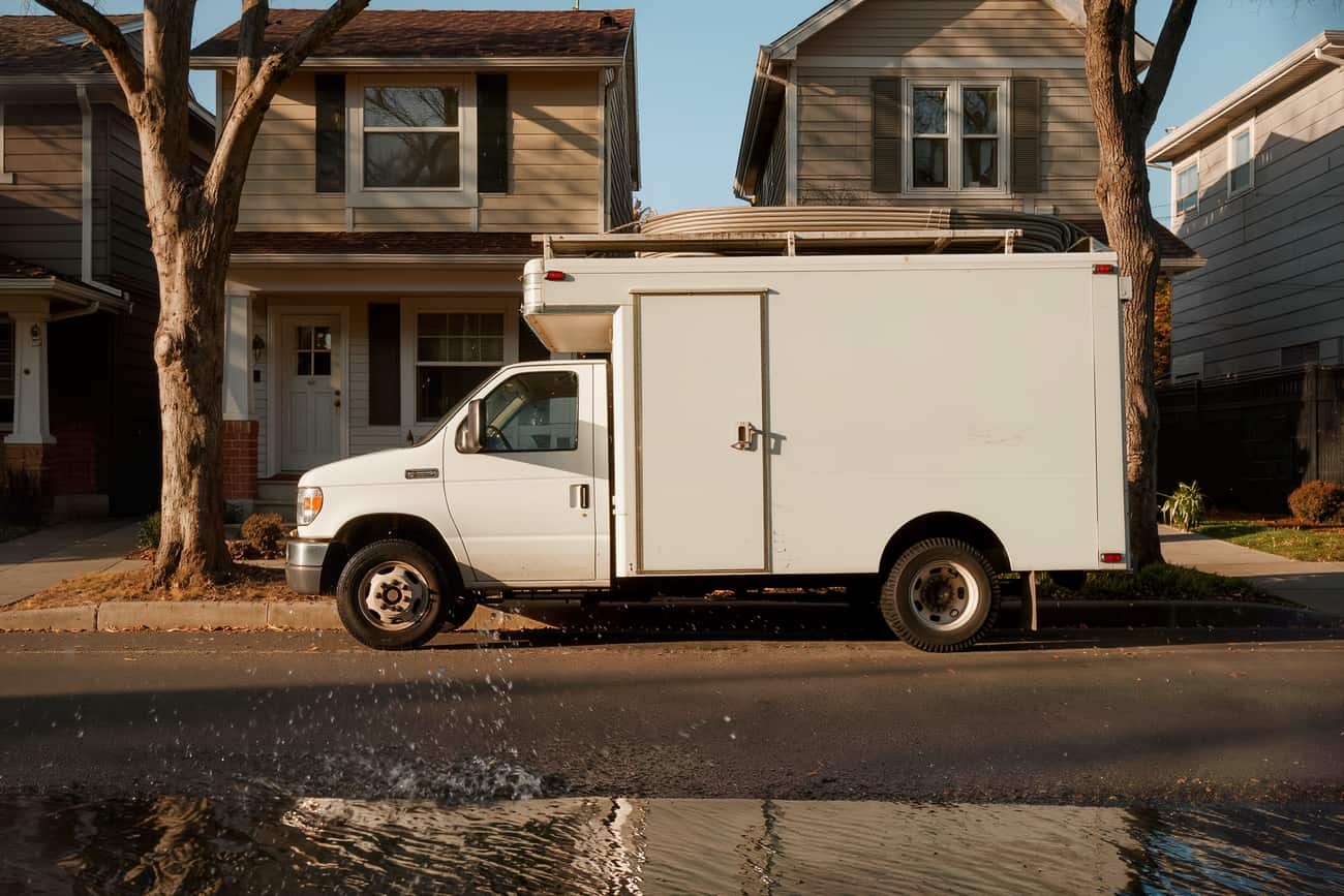 Plain white utility-body service truck parked at the curb on a residential street in late afternoon