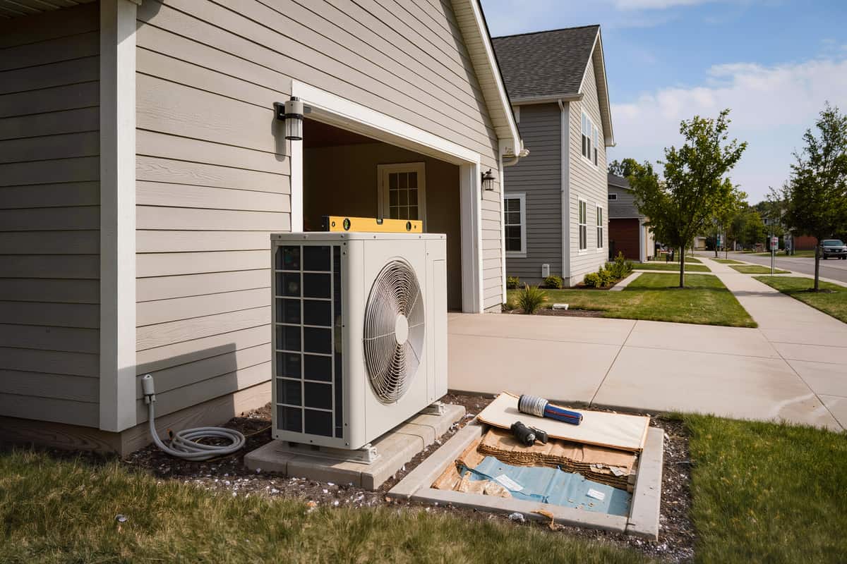New outdoor heat pump being set on a fresh composite pad with the line set not yet run
