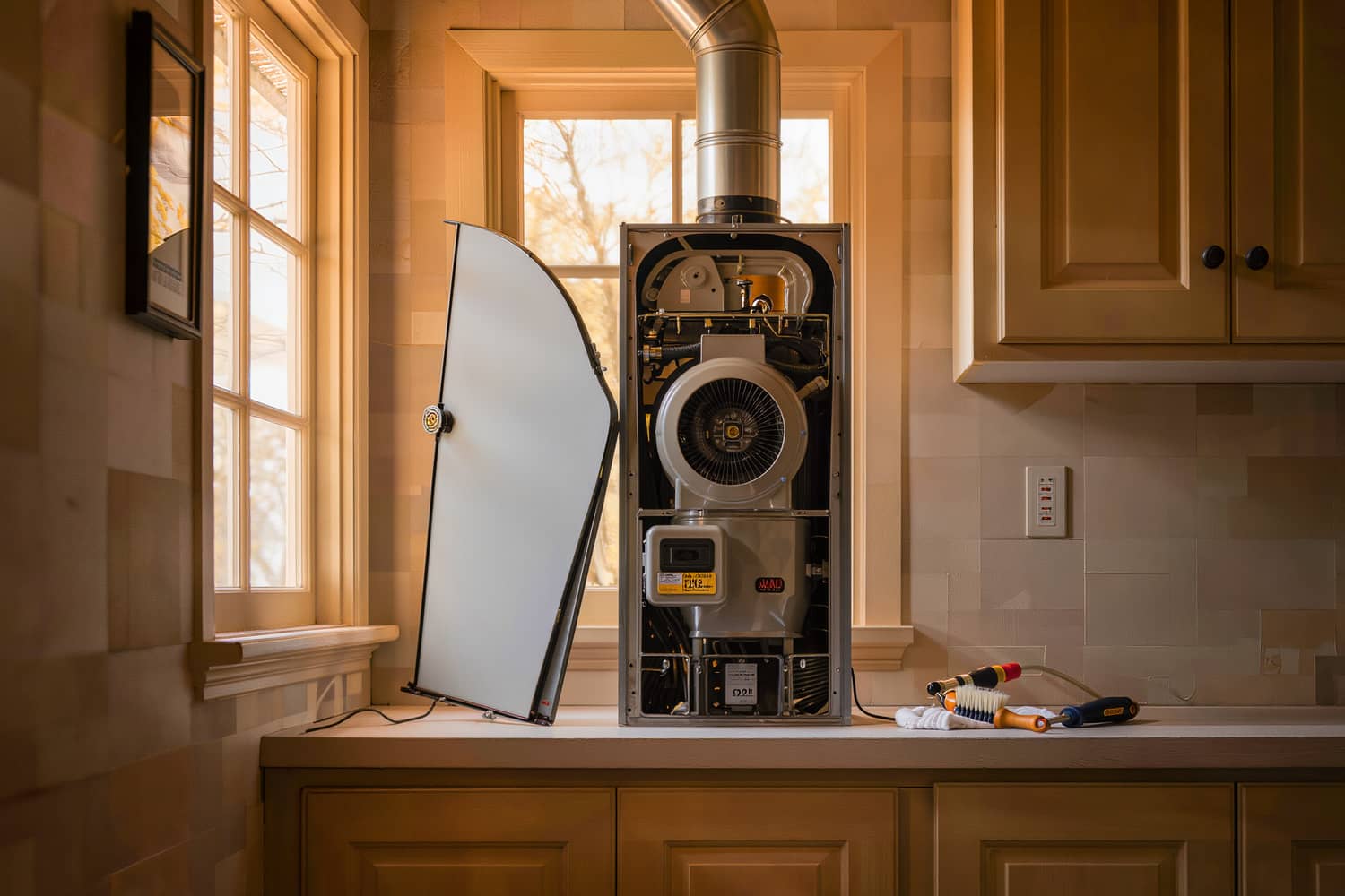 Gas furnace mid tune-up in a garage closet with the blower door off and the burners exposed